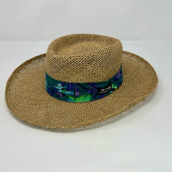Panama Jack Accessories - Vintage Panama Jack Gamber Straw Hat-Green Floral Band-Medium